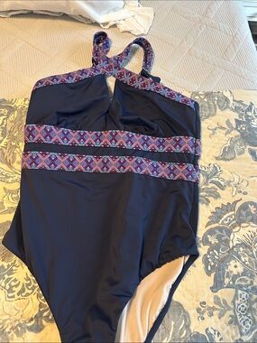 NWOT Swimsuits For All Navy Swimsuit with Patterned Detail.
